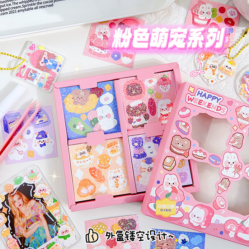 

Termurah 1 B0X [ ISI 100PCS ] Sticker Momo Lucu Aesthetic Korea Glitter Hologram Deco Journal / 100