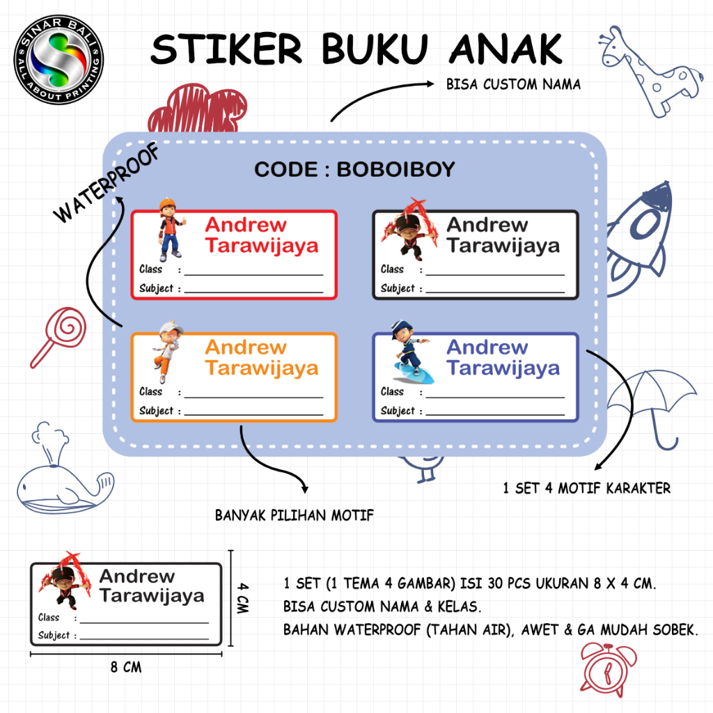 

(BOY) Stiker Nama Buku / Stiker Custom Nama Buku Sekolah Anak