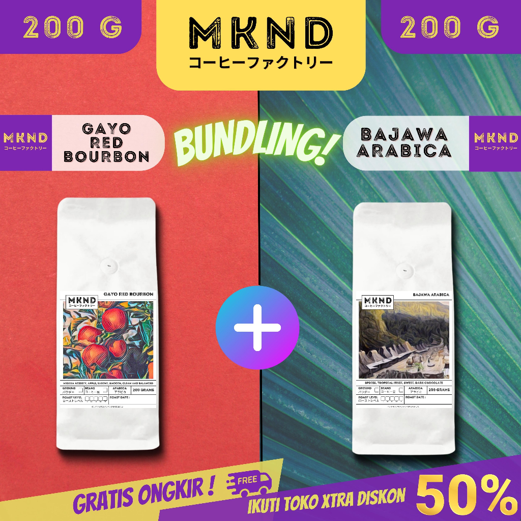 

MKND® BUNDLING HEMAT 2X200 KOPI GAYO RED BOURBON + ARABIKA FLORES BAJAWA GRADE 1 SINGLE ORIGIN PROMO DISCON | BIJI BUBUK | SINGLE ORIGIN | PREMIUM COFFE | ROASTED BEANS | MANUAL BREW | COFFE ROASTERY