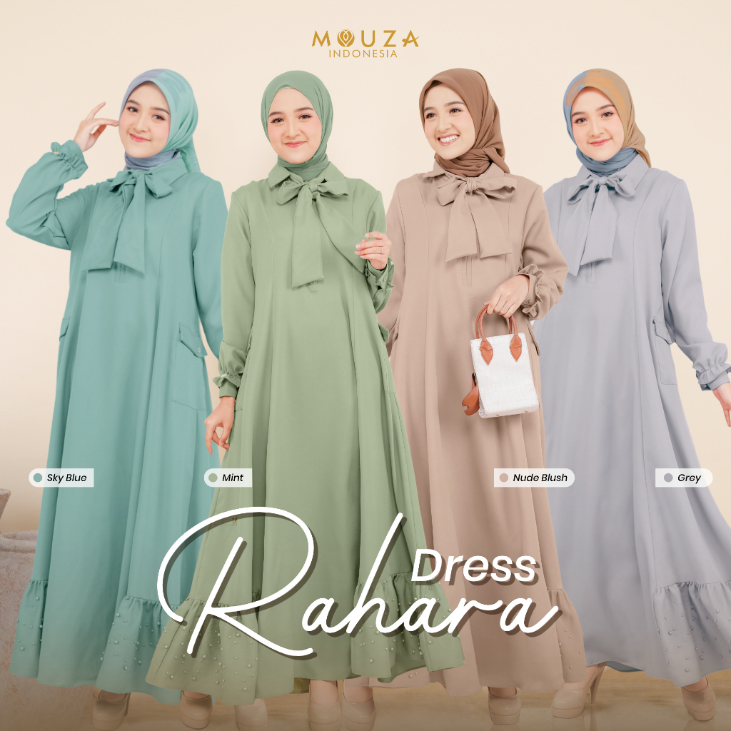 Mouza-Rahara Dress Grey-Nude Blush-Mint-Sky Blue Mosscrepe Mutiara Gamis Wanita Dewasa Polos Simple 