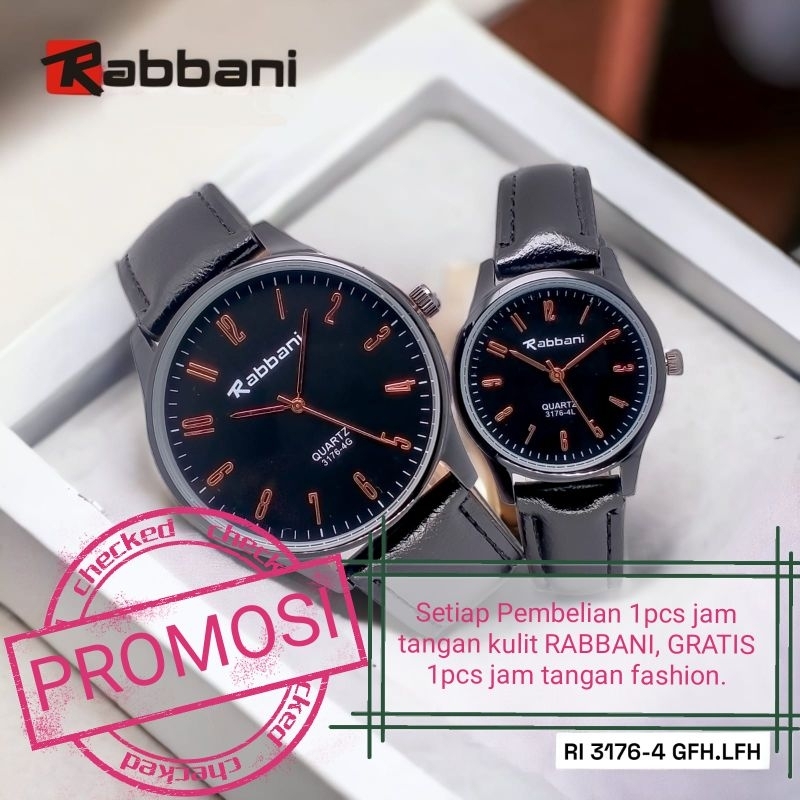 Jam Tangan Tali kulit, Pria Wanita / couple, Full Black Tali Kulit Sintetis, RABBANI.