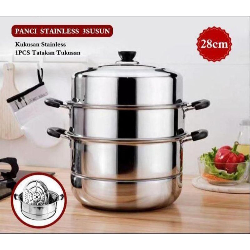 PANCI KUKUS 3 SUSUN STAINLESS STEEL / PANCI STEAMER 3 TINGKAT SUSUN /  DANDANG
