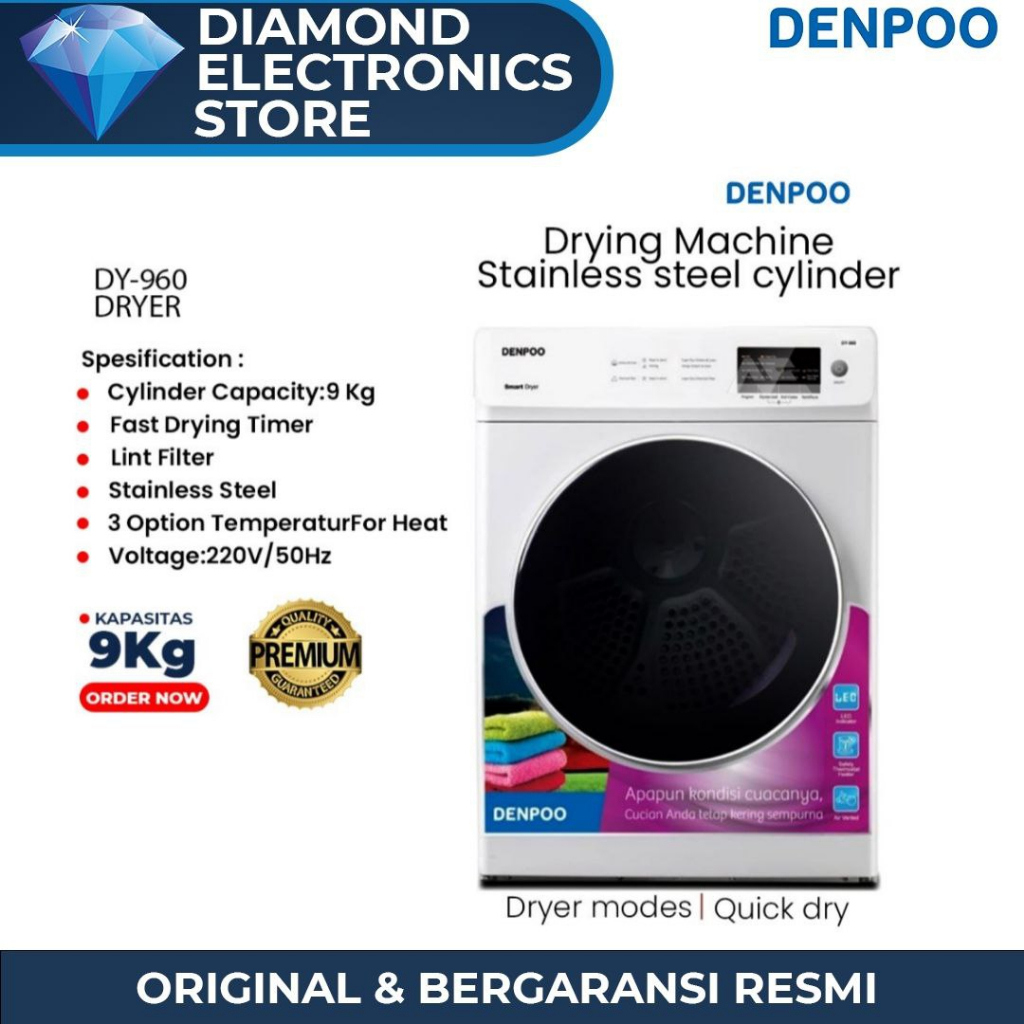 MESIN PENGERING PAKAIAN DRYER DENPOO DY 960 100% KERING - DRYER LAUNDRY DY 960 BUTTON