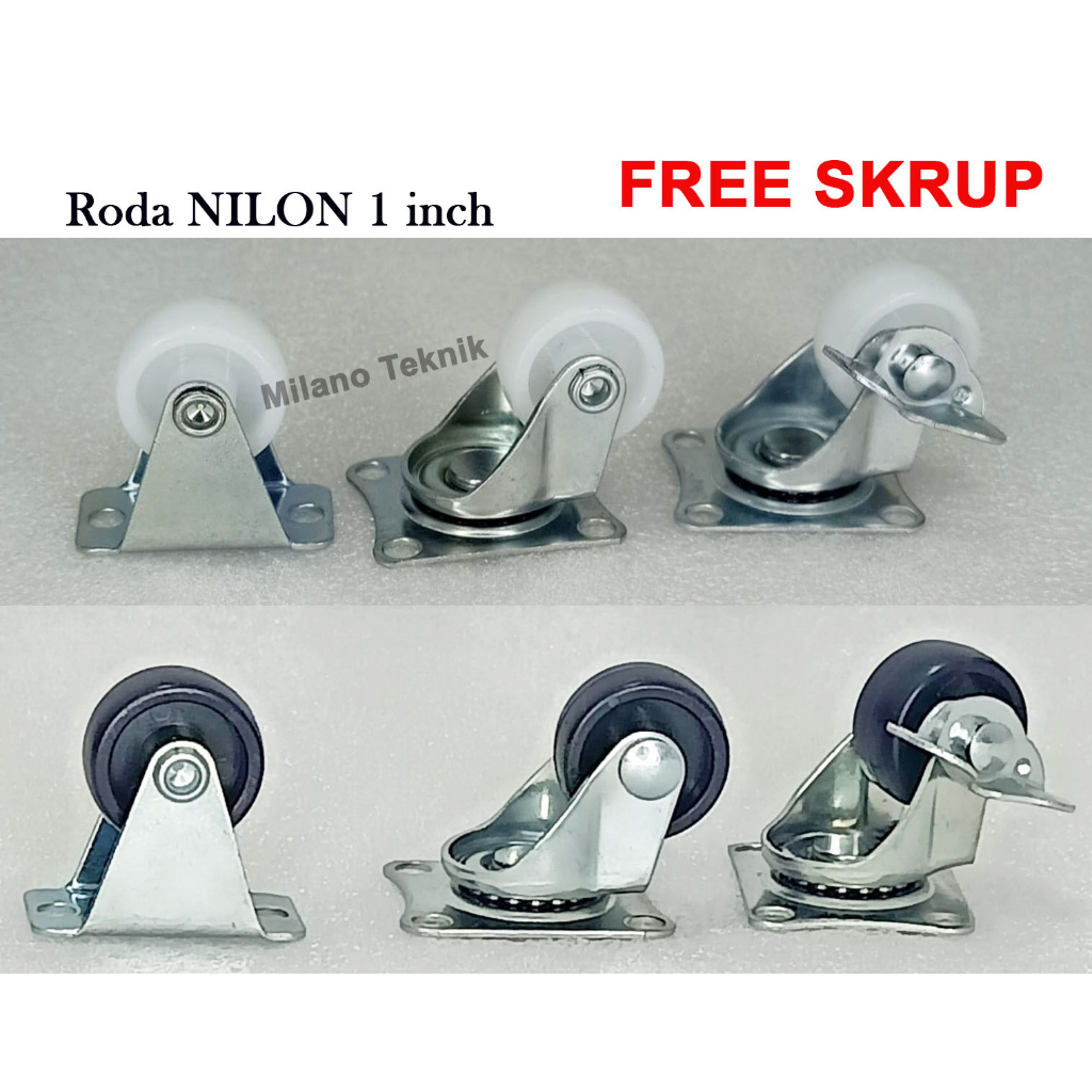 Roda nilon 1 inch (Mati-Hidup-Rem) (Hitam - Putih) Kastor Plate Taiwan Roda troli Nylon Etalase Furn