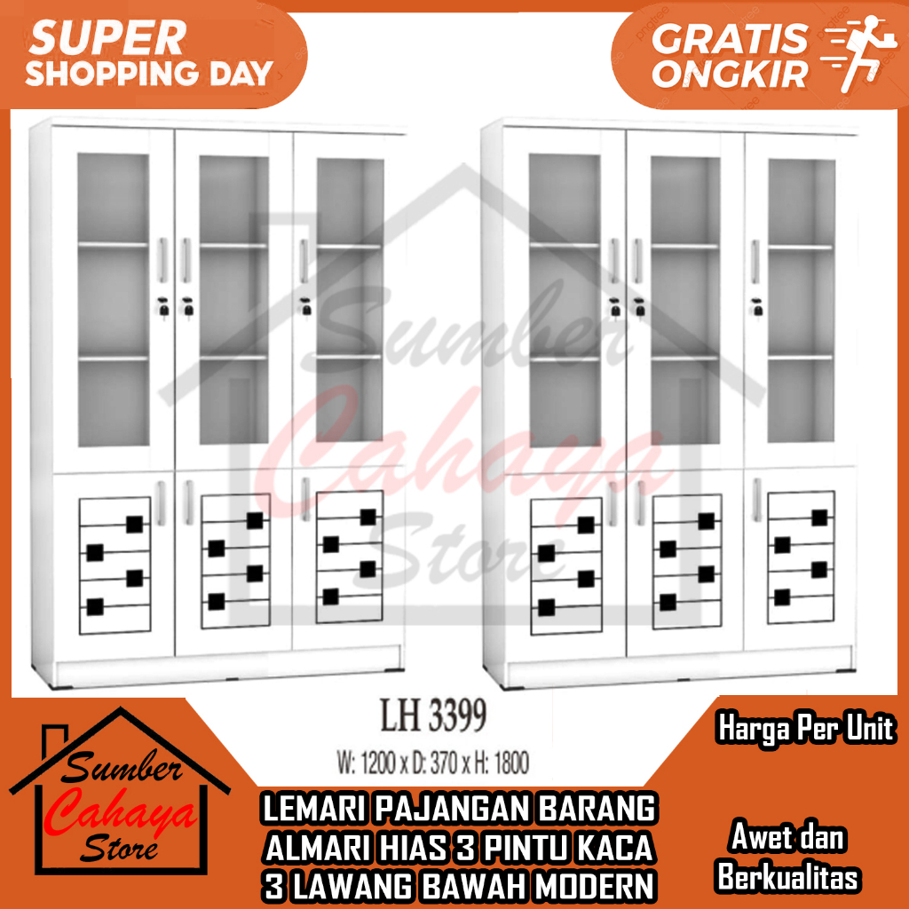 [Kargo] LEMARI PAJANGAN BARANG LH-3399 ALMARI HIAS 3 PINTU KACA 3 LAWANG BAWAH MODERN GEROBOK PAJANG