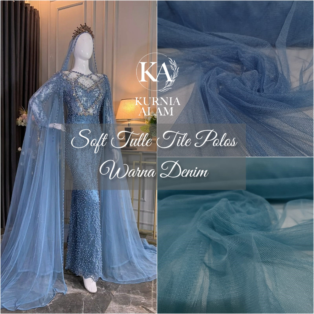 Kain Tile Tulle Halus Jatuh Polos Meteran warna DENIM bahan gamis dress kebaya dekorasi Mewah Premiu