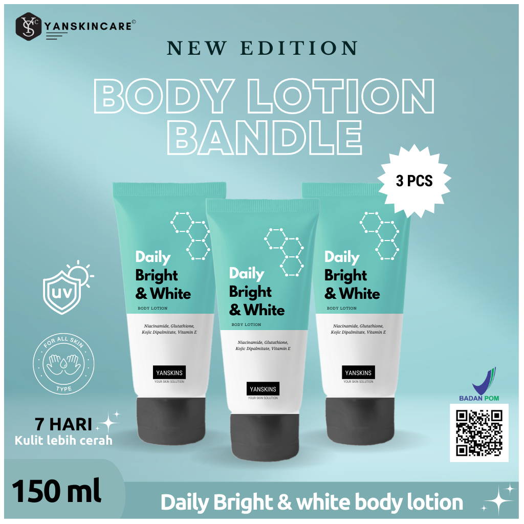 BANDLE 3 PCS DAILY BRIGHT & WHITE BODY LOTION 150 ML BODYCARE HAND BODY LOTION BPOM YANSKINCARE