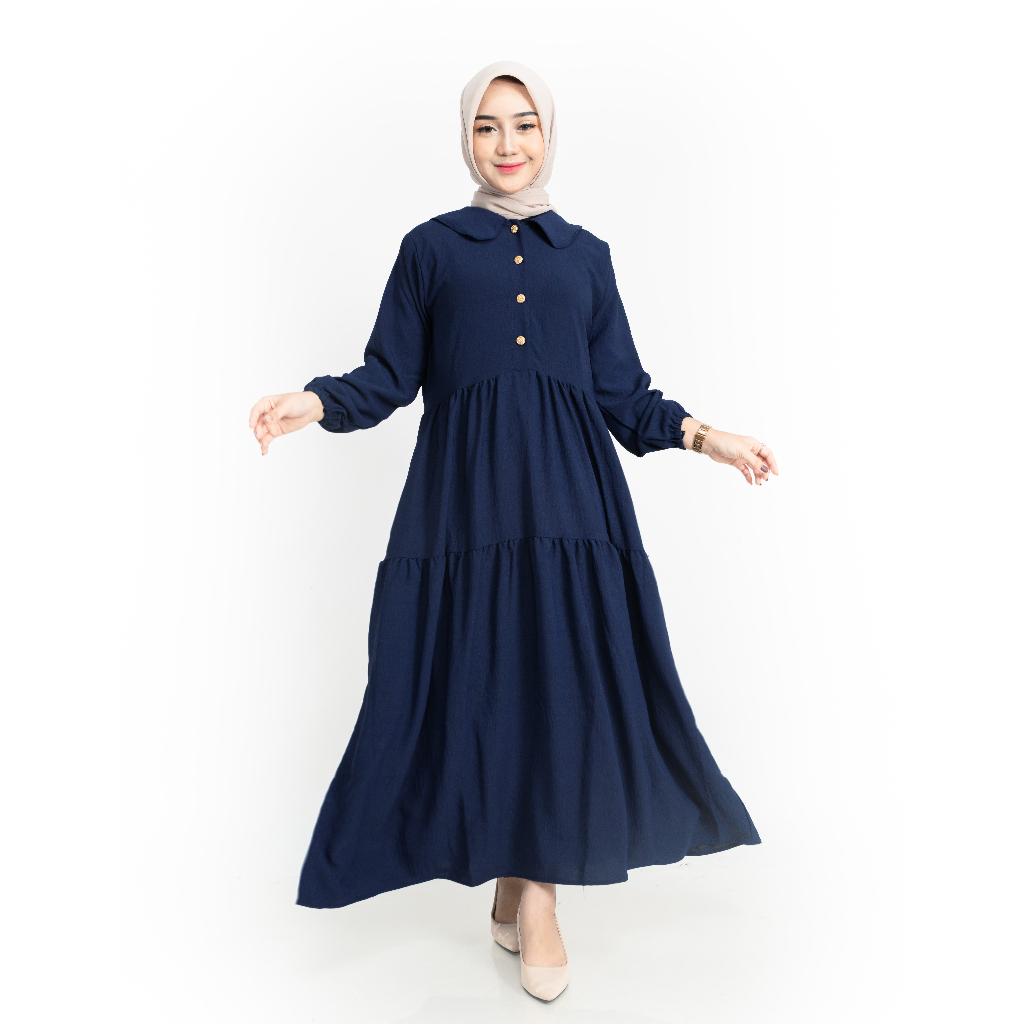 Molding - Gamis Cringkle Premium model kerah kancing Original Warna Navy Ukuran All size 1129