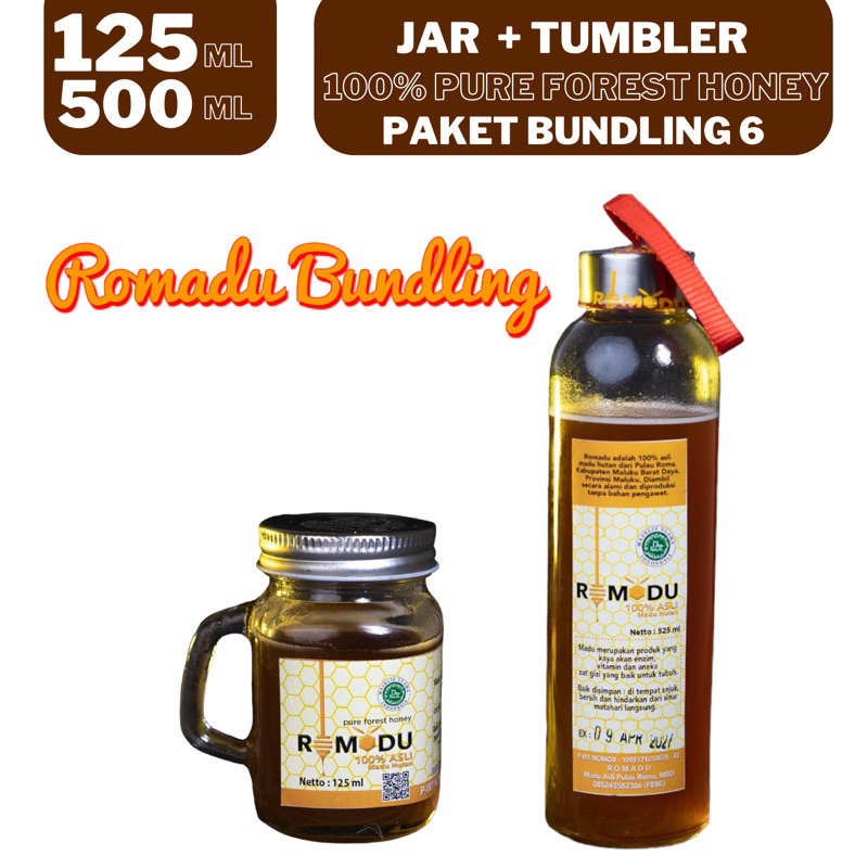 

Romadu Jar Tumbler Madu Hutan Murni Paket Bundling 6 Jar 125 ML Tumbler 500 Ml