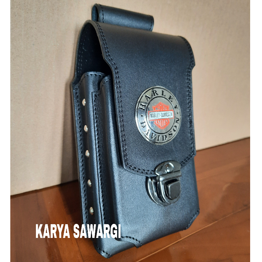Dompet sarung hp logo Harley bulat kulit sapi 100%