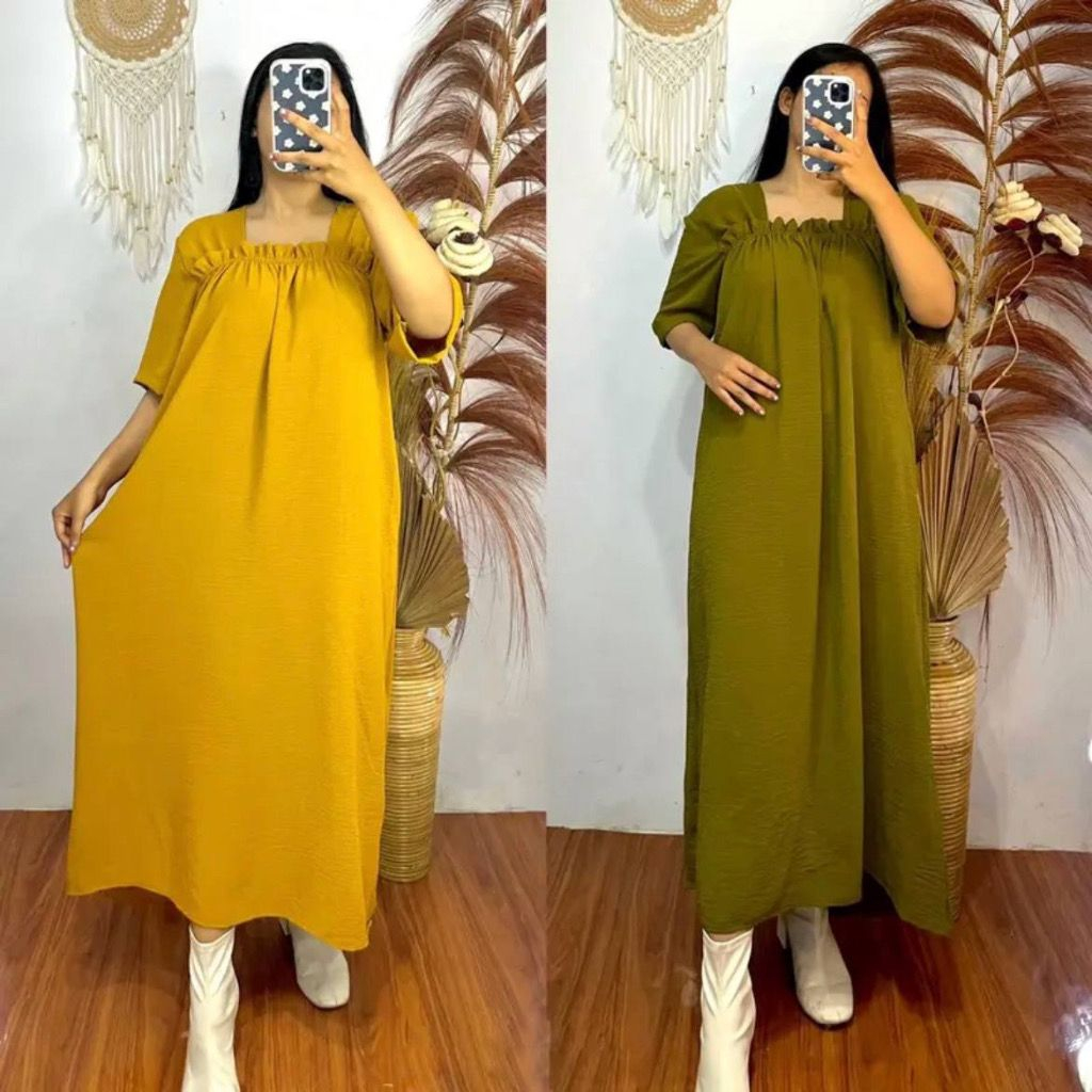 Daster Kekinian Midi Zara Cringkle Airflow Lengan 3/4 Shena Dress Fuji Kerut Dada Jumbo Zara Dress P