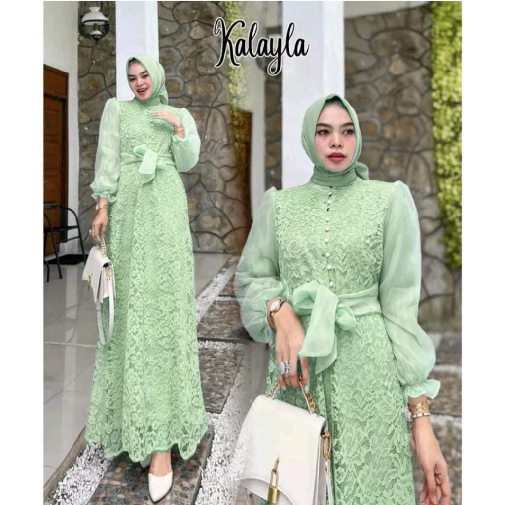 Gamis brukat kalayla dress / baju gamis pesta wanita terbaru / gamis kodanganan kekinian / gamis brukat tulang mix organza