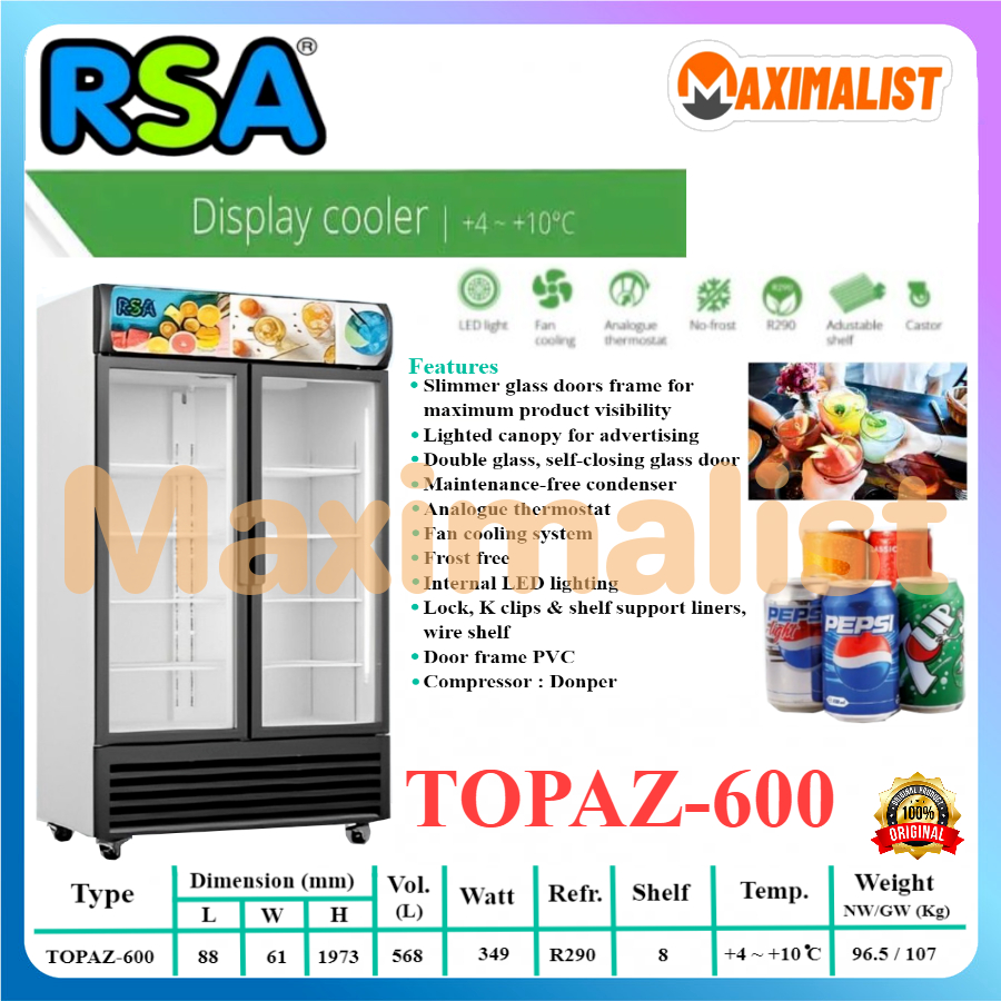 RSA TOPAZ-600 Showcase 2 Pintu Display Cooler Lemari Kaca Pendingin Minuman Kapasitas 8 Rak - Kulkas