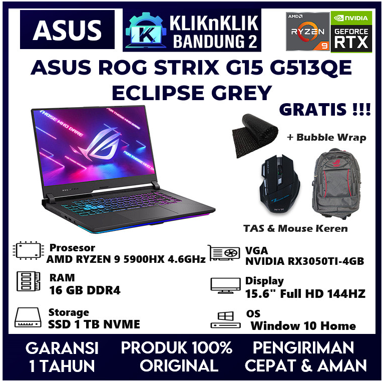 LAPTOP GAMING ASUS ROG STRIX G15 G513QE AMD RYZEN 9 RTX3050TI-4GB NEW