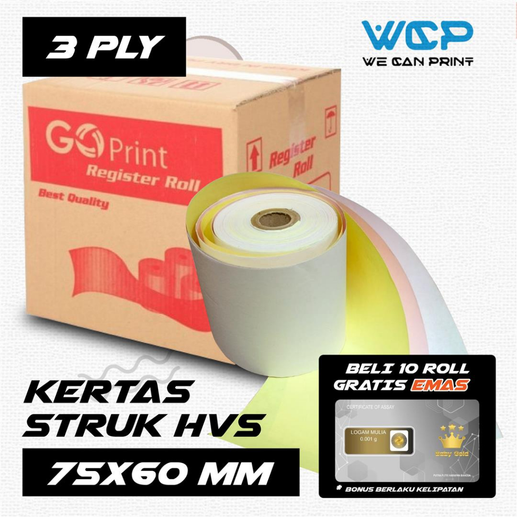 

Kertas Struk Kasir NCR 75 X 60 mm 3 PLY Rangkap 3 Printer Dot Matrix 75x60