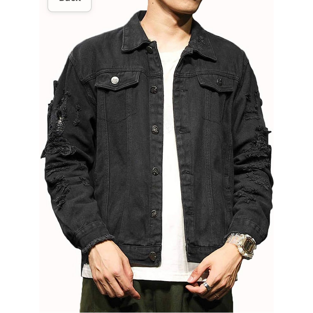 jaket fashion pria desain terbaru model korean style,jaket jeans denim pria full hitam sobek