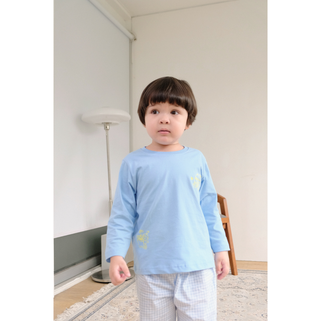 Goodnitegwen MINION kaos combed katun jepang biru muda piyama wanita dewasa - anak laki perempuan