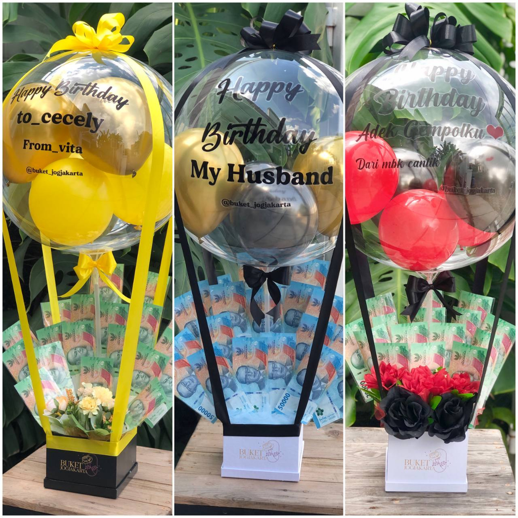 1 hari jadi  Buket balon uang kado anniversary / ulang tahun / wisuda pacar teman gratis tulis nama 