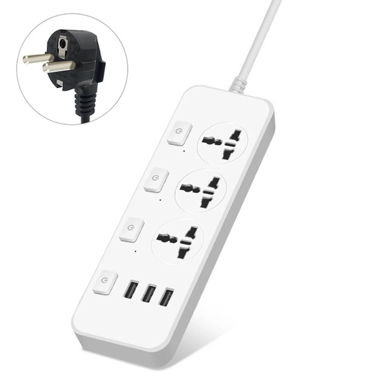 Soket Stop Kontak USB dengan Sakelar Independen dengan 3 Port USB Bercahaya dengan Kabel 2M Stop Kontak 3way/Power Strip/Socket USB 3way