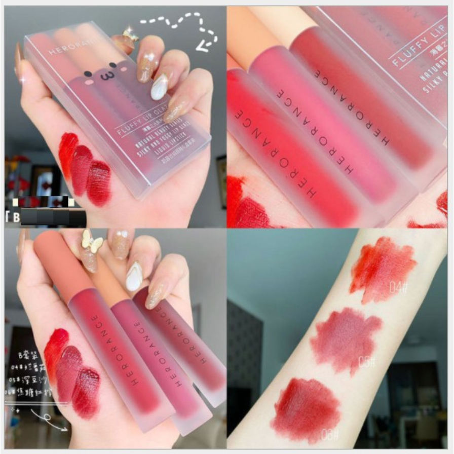 (HOT) Set 3 Lipstik Lip Glaze Herorange Fluffy / Lipstik Krim HERORANGE / Lipstik Matte Tahan Lama /