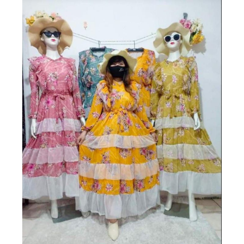 Maxi Meijiwang gamis Koreana Ceruty tile BKK 884 Tulle 3 rumbai Jumbo Ceruty Premium