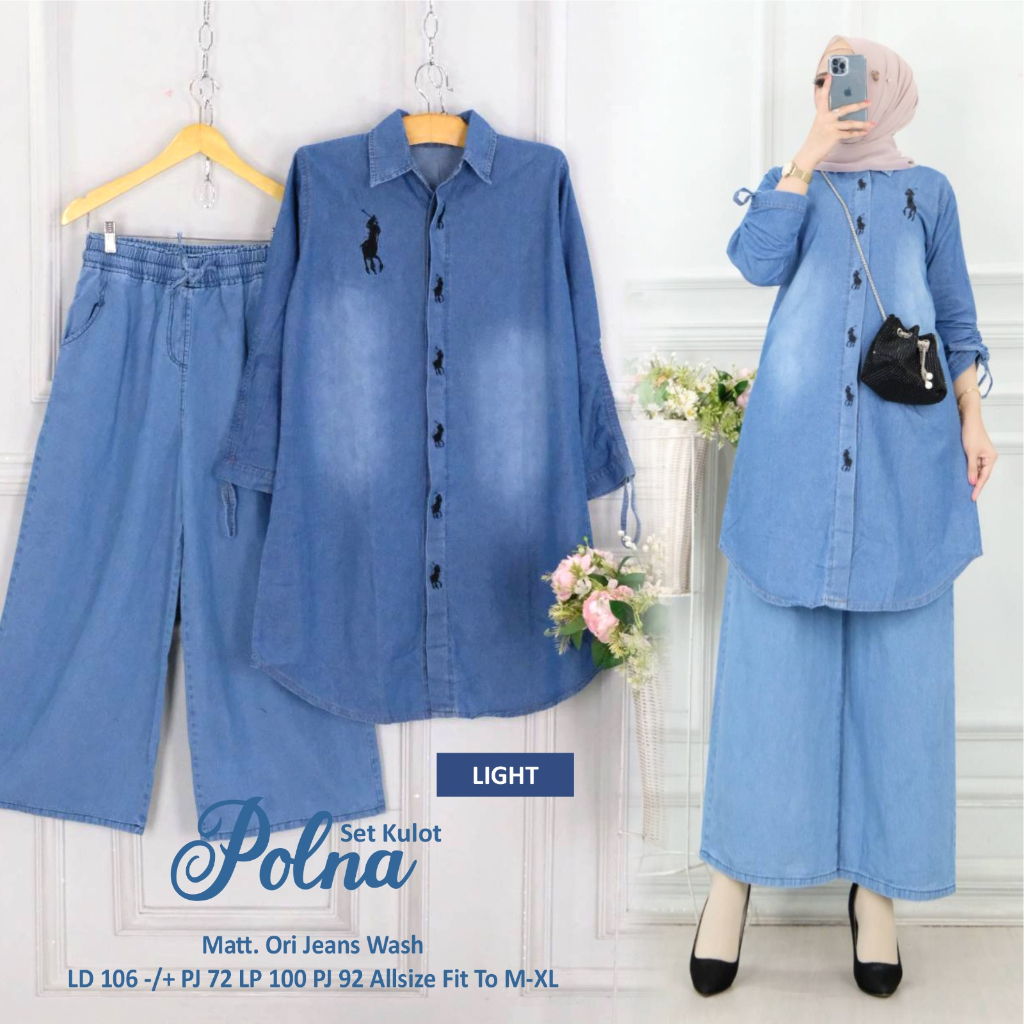 Polna Set Jeans Baju Setelan Wanita Terbaru Ld 106 One Set Kulot Kekinian Motif Polo