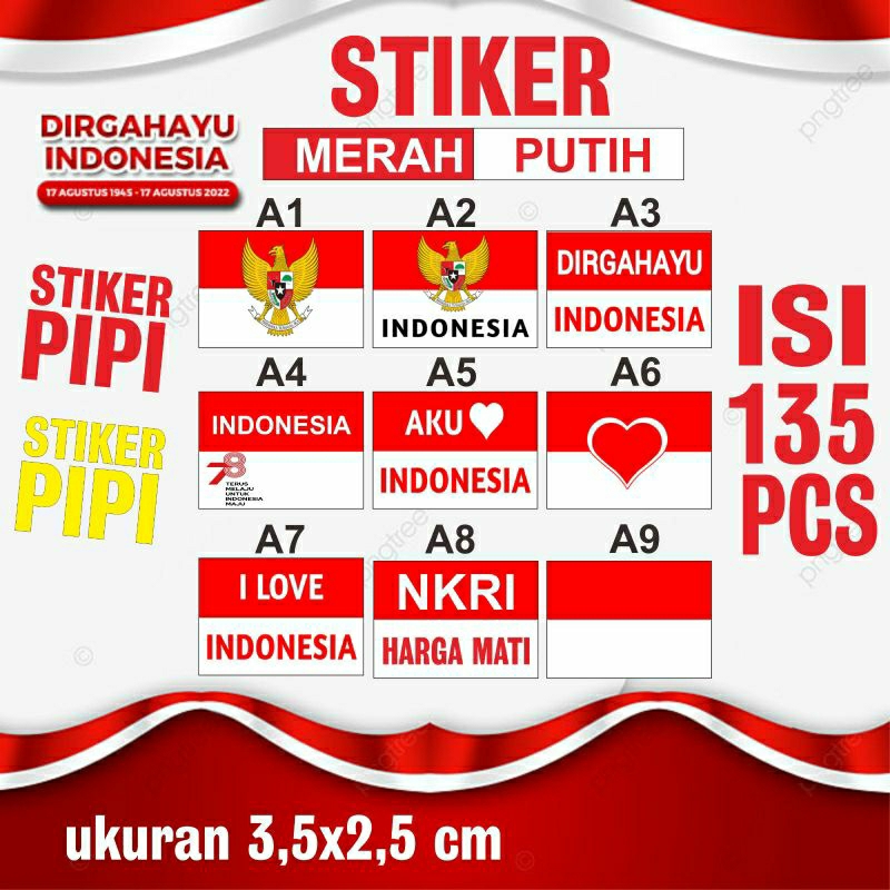 

TERMURAH!!! STIKER PIPI/STIKER MERAH PUTIH ISI 135 PCS /TEMPELAN PIPI MERAH PUTIH /HUT RI