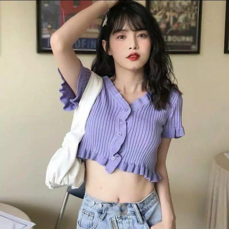 ARTWO Atasan Wanita Crop Top Korean V neck Kriwil Bahan Rajut