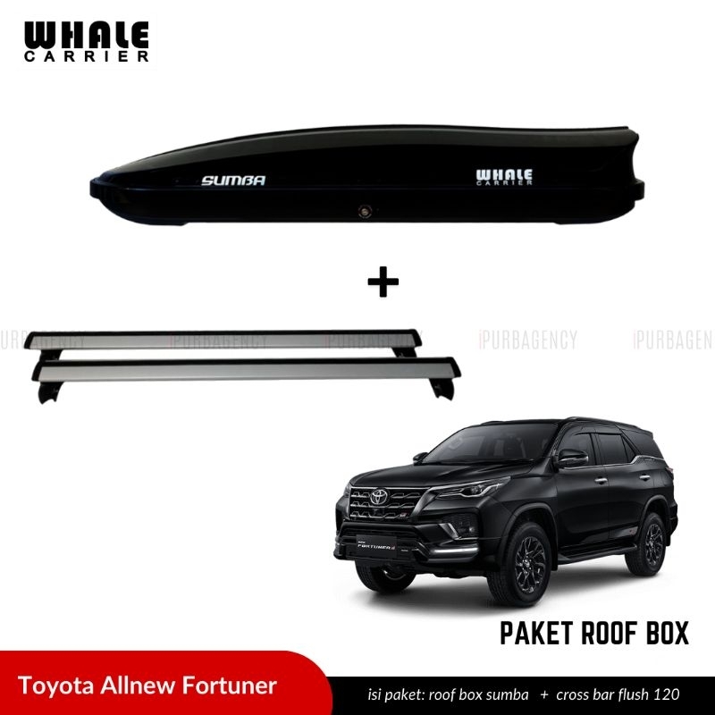 Paket Roof box Whale Sumba Black glossy + Cross bar Flush 120 All new Fortuner