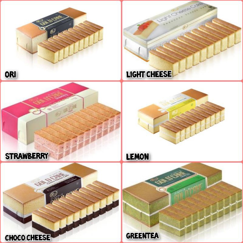 

goldcake ori, chococheese, lemoncheese, light cheese, greentea, mocca, doble choco, pandan, strawberry