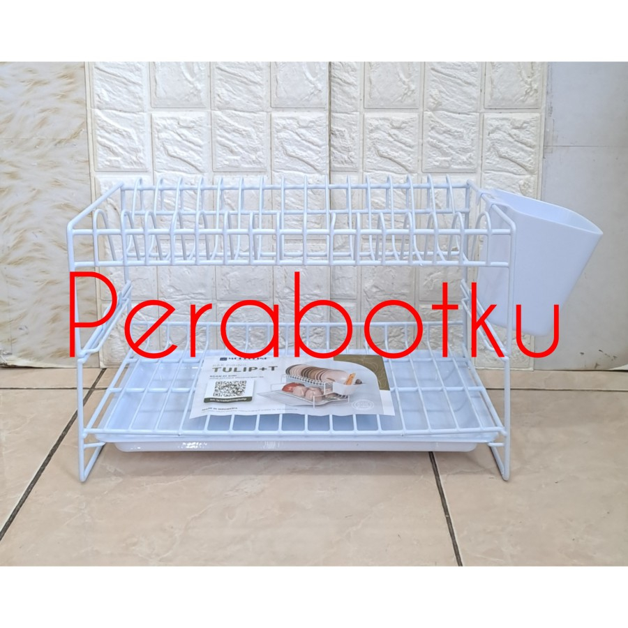 Rak Piring Susun 2 Modelline Tulip + Tatakan / Rak Piring Kecil Kawat Putih Tebal