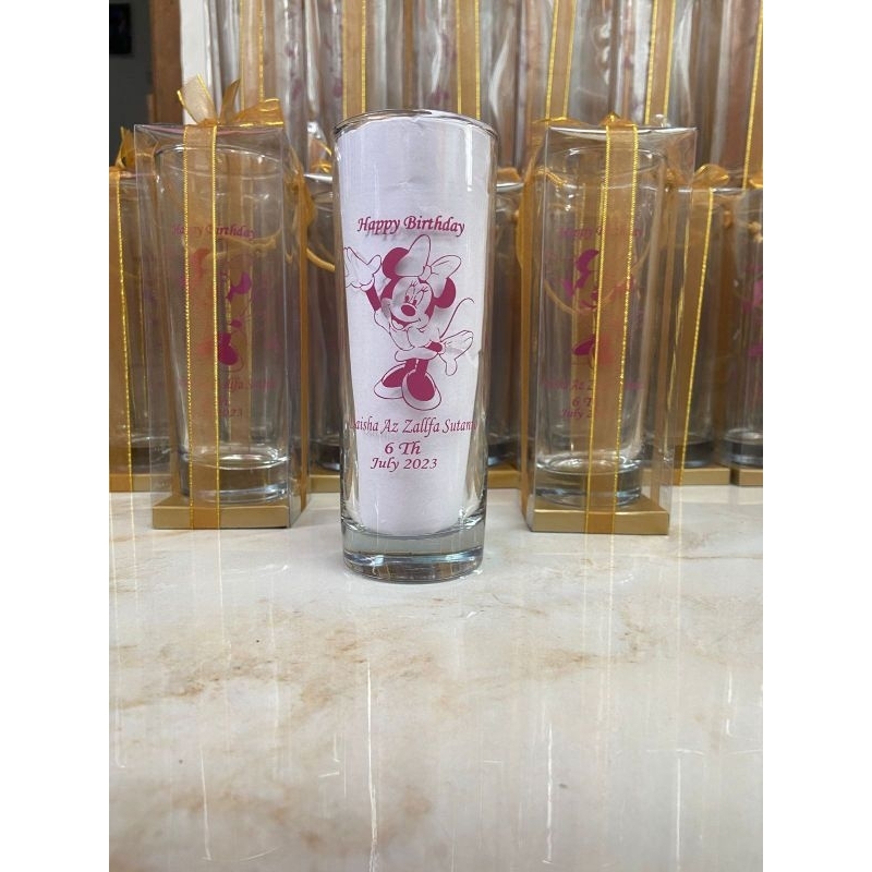 souvenir pernikahan gelas kaca sablon gelas bambu bening tinggi 17 cm plus cetak custom nama dan kem