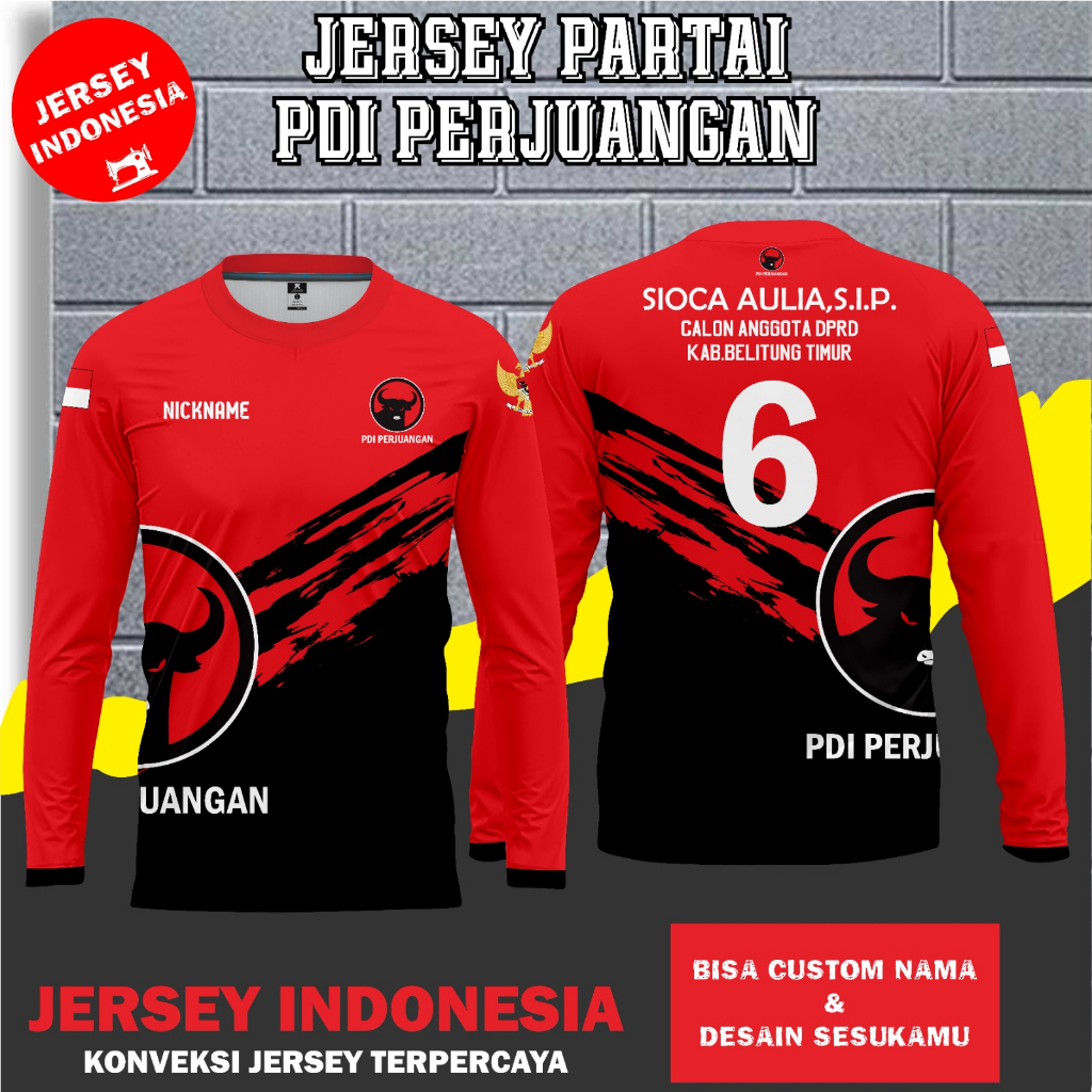 BAJU KAOS Partai PDI Perjuangan Lengan Pendek dan Panjang Dryfit Full Printing & Free Custom Desain