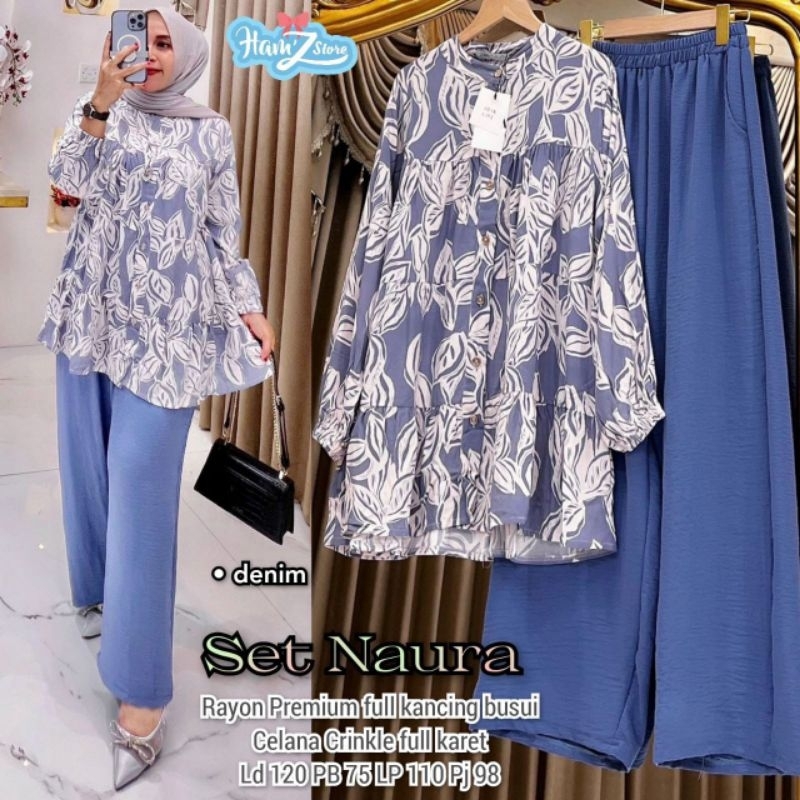 SET NAURA/ SETELAN BLOUSE TUNIK MIDI MOTIF CELANA KULOT ORI HAMZ
