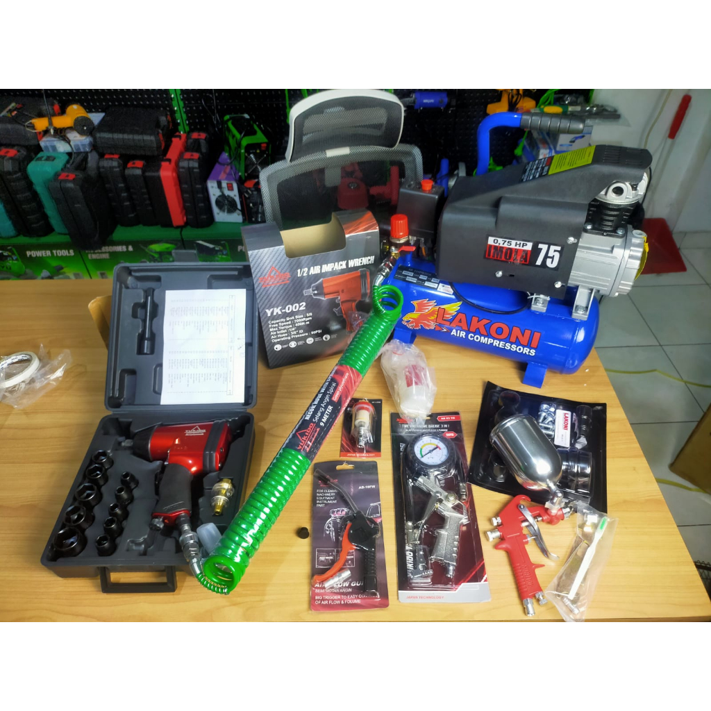 PAKET (5 ITEM) KOMPRESOR IMOLA Mesin Kompresor Listrik Oilless Silent 3/4 0.75 HP 9 Liter OL07-09