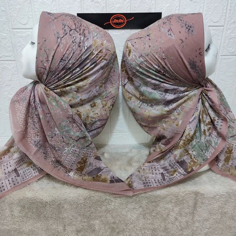 Promo Hijab Segi Empat Voal Motif Sakura New York Warna Peach Tua Jilbab Kerudung Terbaru
