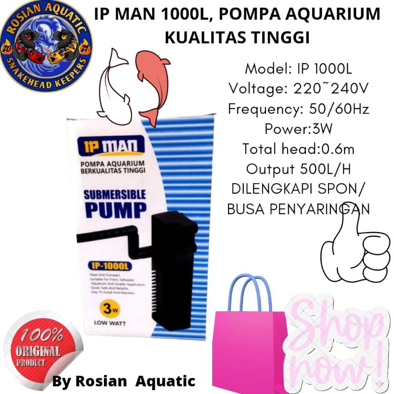 Submersible Pump IP MAN 1000L SUBMERSIBLE Pompa filter Internal pompa celup Aquarium Aquascape