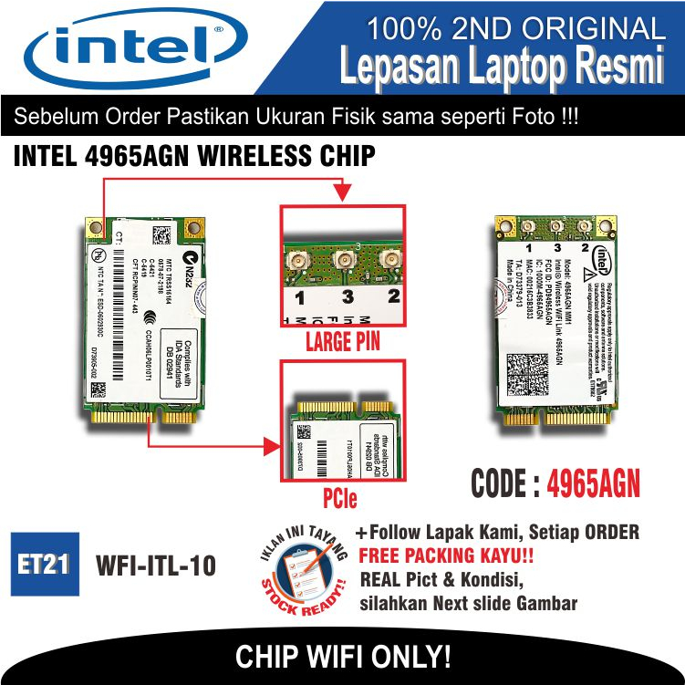 ET21 WFI-ITL-10 Internal WiFi Card WiFi Chip Laptop Notebook Netbook INTEL 4965AGN WIRELESS CHIP IC 