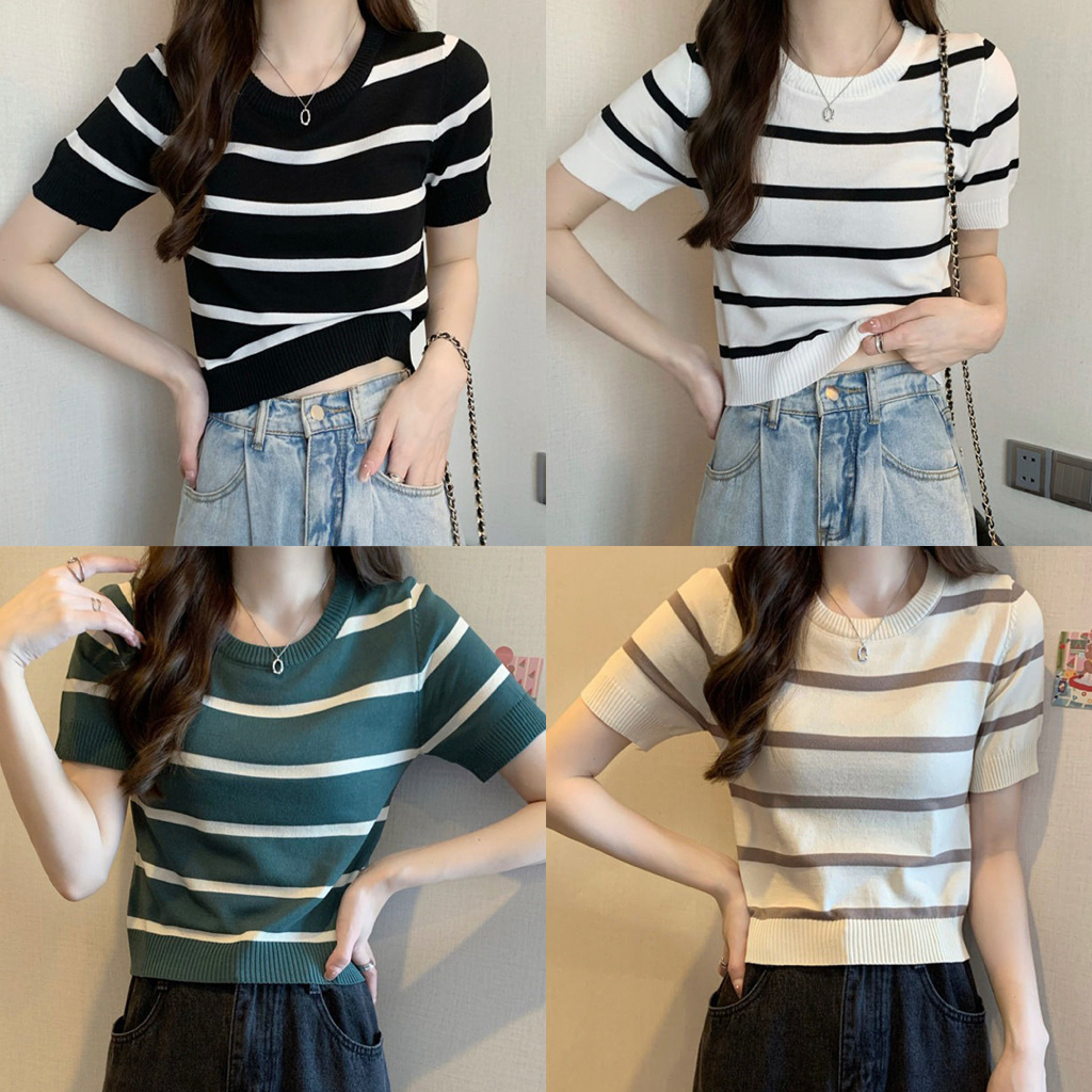 UMISUKA Atasan Kaos Rajut Wanita Lengan Pendek Korean Style Fashion Import Bangkok BKK ajwshop pinkd
