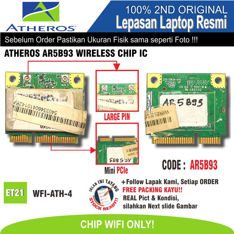 ET21 WFI-ATH-4 Internal WiFi Card WiFi Chip Laptop Notebook Netbook ATHEROS AR5B93 WIRELESS CHIP IC 