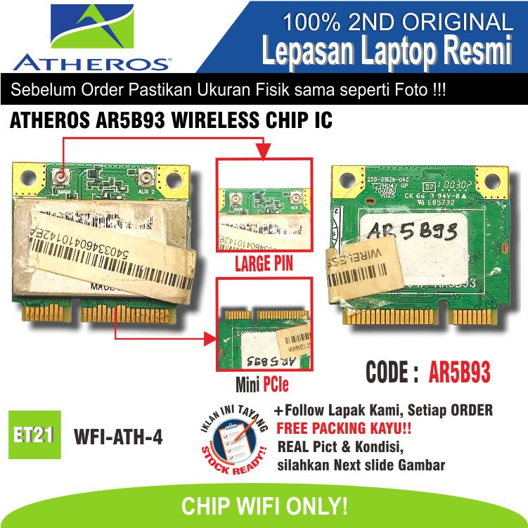 ET21 WFI-ATH-4 Internal WiFi Card WiFi Chip Laptop Notebook Netbook ATHEROS AR5B93 WIRELESS CHIP IC WiFi Adapter
