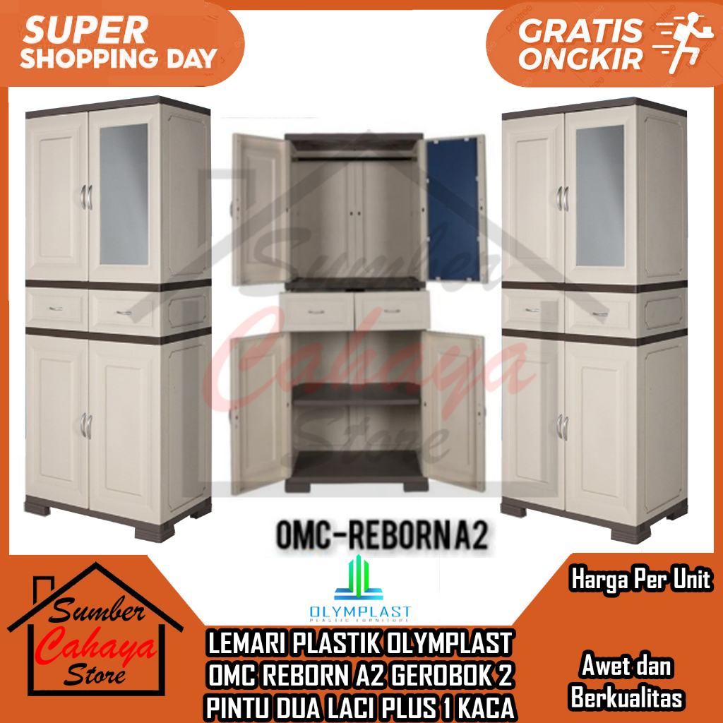 [Kargo] LEMARI PLASTIK OLYMPLAST OMC REBORN A2 GEROBOK 2 PINTU DUA LACI PLUS 1 KACA  MINIMALIS RACK 