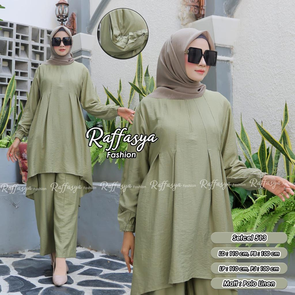 set tunik dan celana premium bahan polo linen kode 513