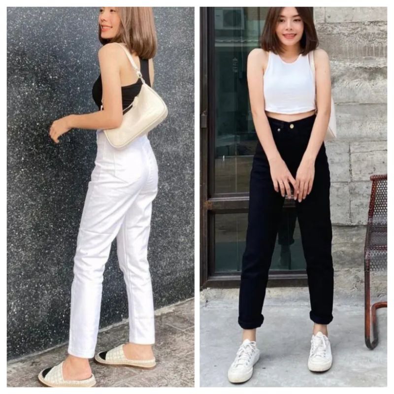 (PENGIRIMAN CEPAT) JEANS CEWEK PUTIH HITAM KEKINIAN HW JEANS / CELANA HIGHWAIST JEANS / HAIGH WAIST 