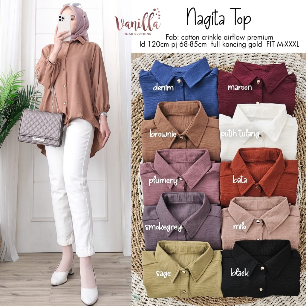 NAGITA TOP CRINKLE wanita simple Atasan remaja terbaru kemeja kerja elegan banyak warna
