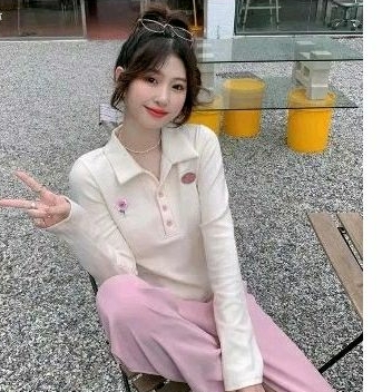 koas polo wanita lengan panjang crop polos