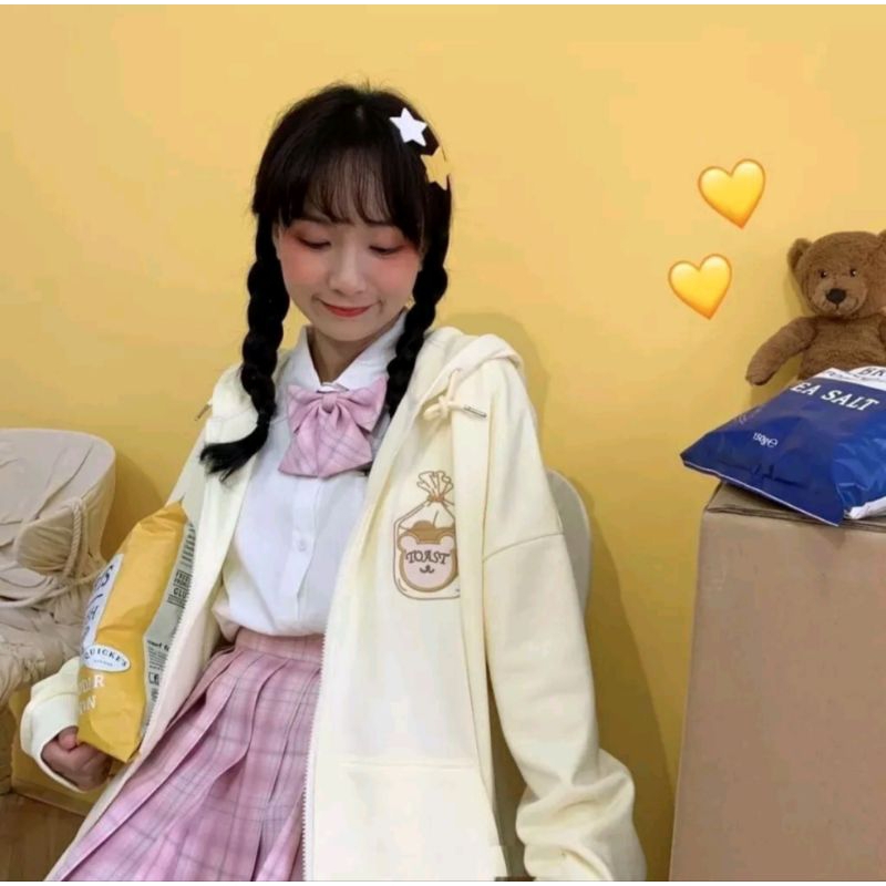 AYA-007 Jaket Hoodie Zipper Bordir Toast Sweater Oversize Cardie Wanita Korea