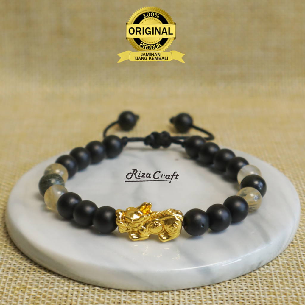 RICH BRACELET Gelang Pixiu Naga Emas Asli 24k Serut Pria Wanita Keren Kekinian Batu Akik Alam Onyx C