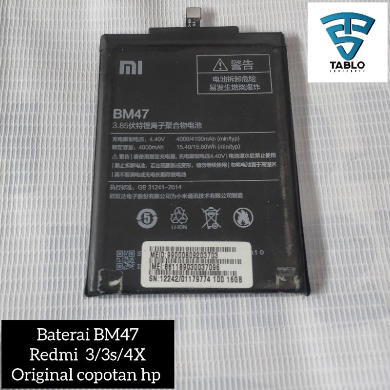 Baterai BM47 Xiaomi 4x redmi 3/3s original copotan hp