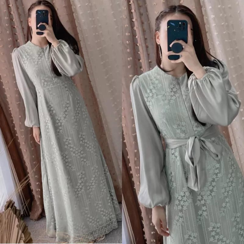 Adara Longdress Brokat Orchid Gamis pesta brukat muslimah model terbaru lebaran 2023 warna sage / Ga